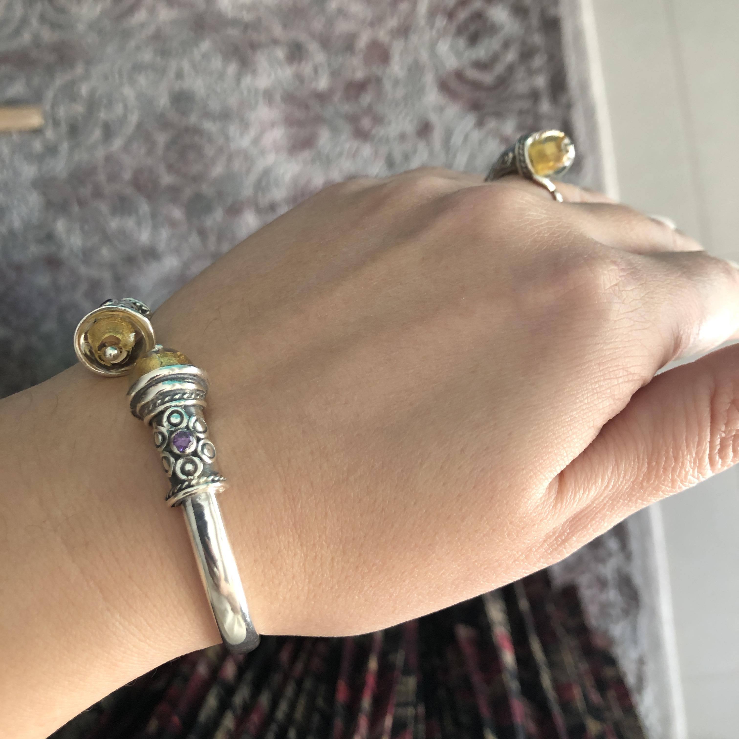 Spiral Cuff Bracelet in sterling silver with glass gold foil stone (B-115) - ELEFTHERIOU EL