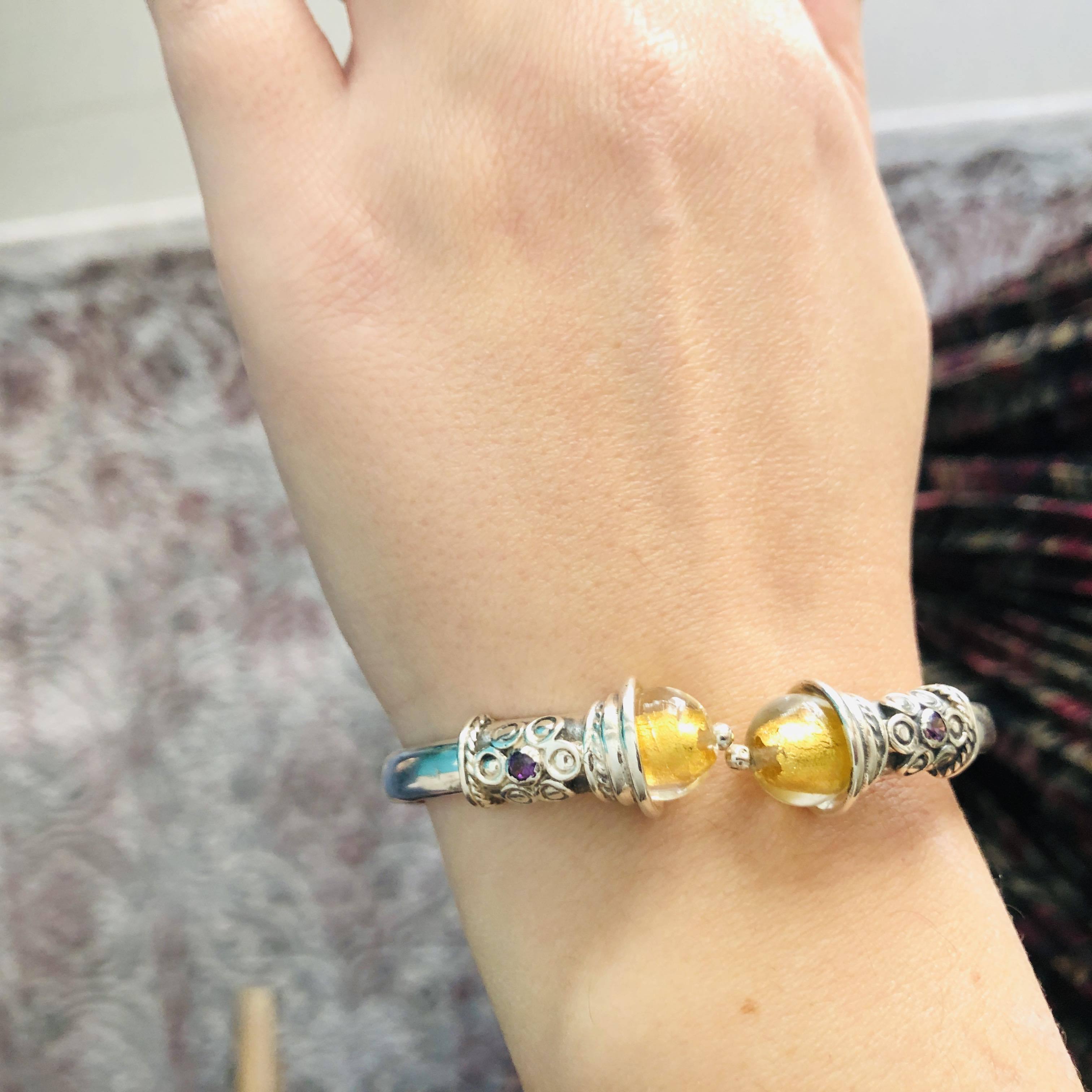 Spiral Cuff Bracelet in sterling silver with glass gold foil stone (B-115) - ELEFTHERIOU EL