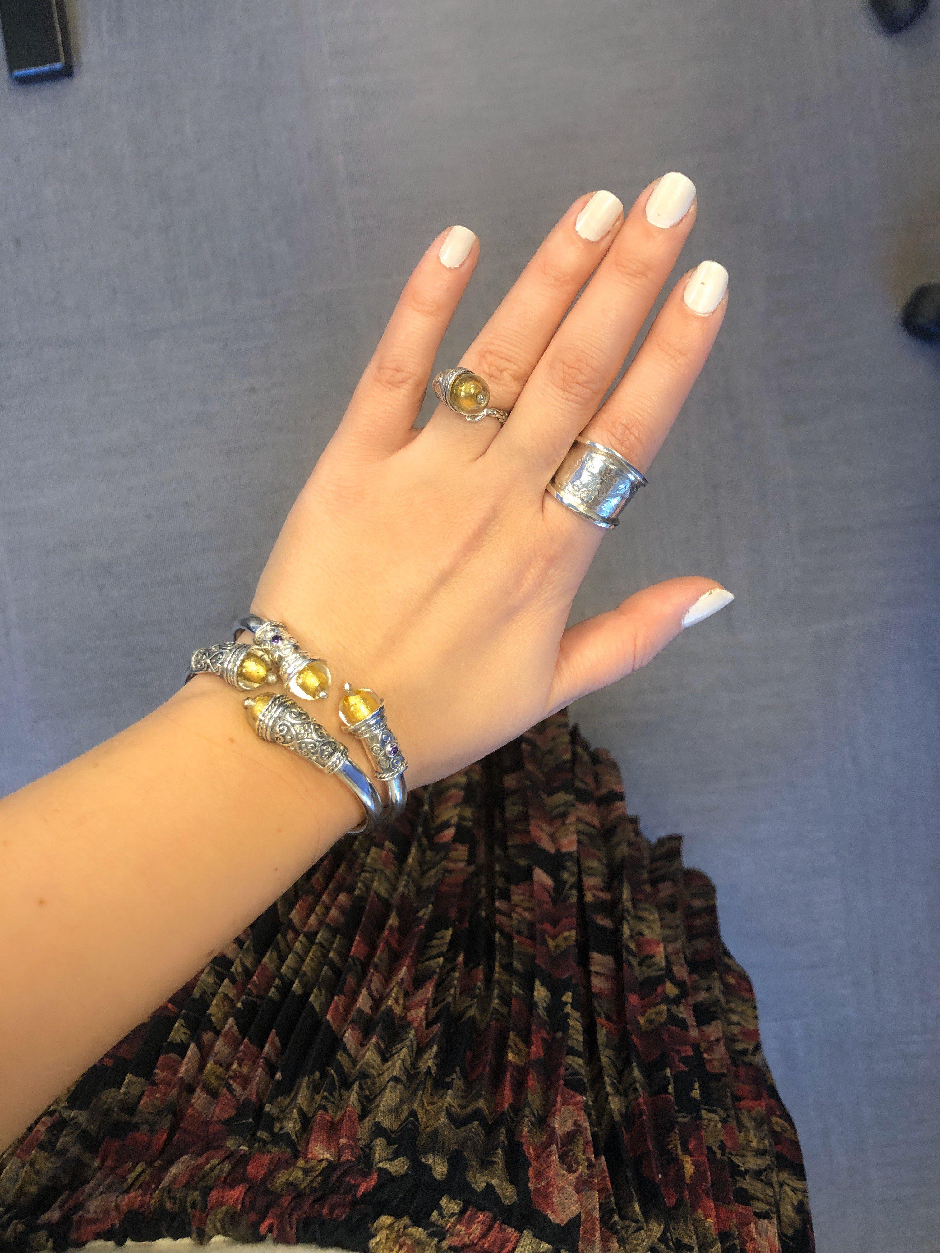 Spiral Cuff Bracelet in sterling silver with glass gold foil stone (B-115) - ELEFTHERIOU EL