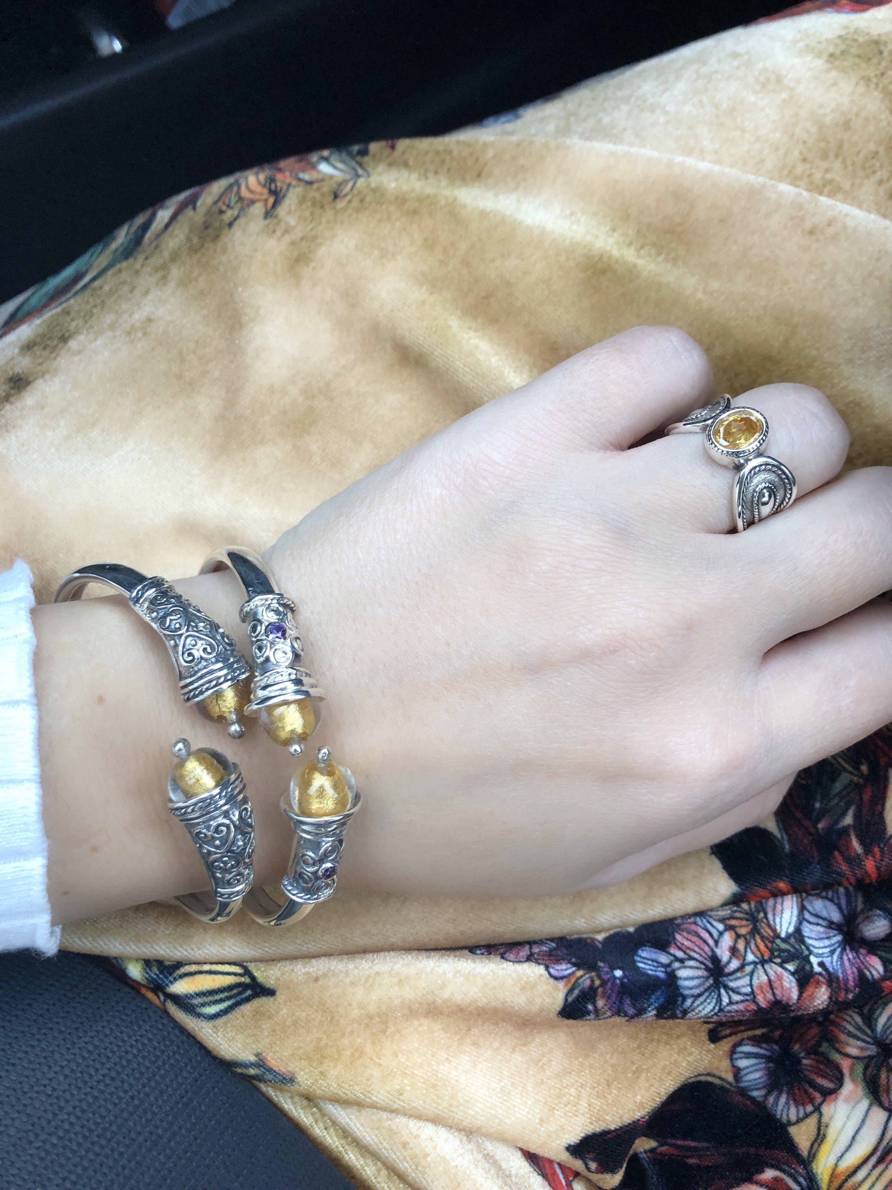 Spiral Cuff Bracelet in sterling silver with glass gold foil stone (B-115) - ELEFTHERIOU EL