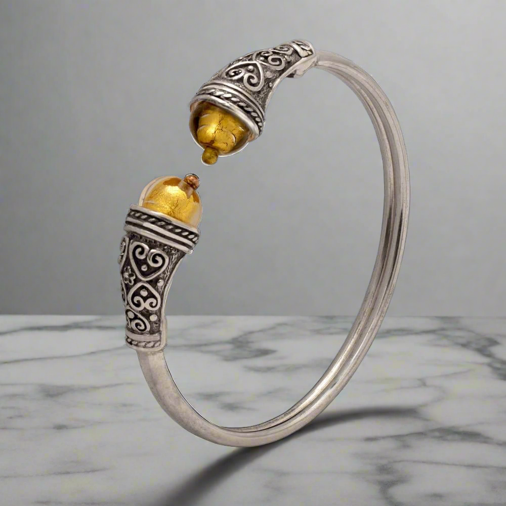 Spiral Cuff Bracelet in sterling silver with glass gold foil stone (B-115) - ELEFTHERIOU EL