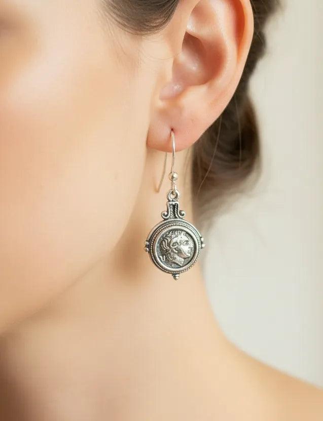 Sterling Silver Alexander Coin Earrings, Greek Inspired Handcrafted Jewelry (AG-08)