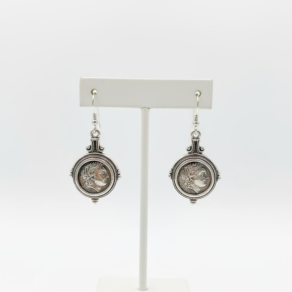 Sterling Silver Alexander Coin Earrings, Greek Inspired Handcrafted Jewelry (AG-08)