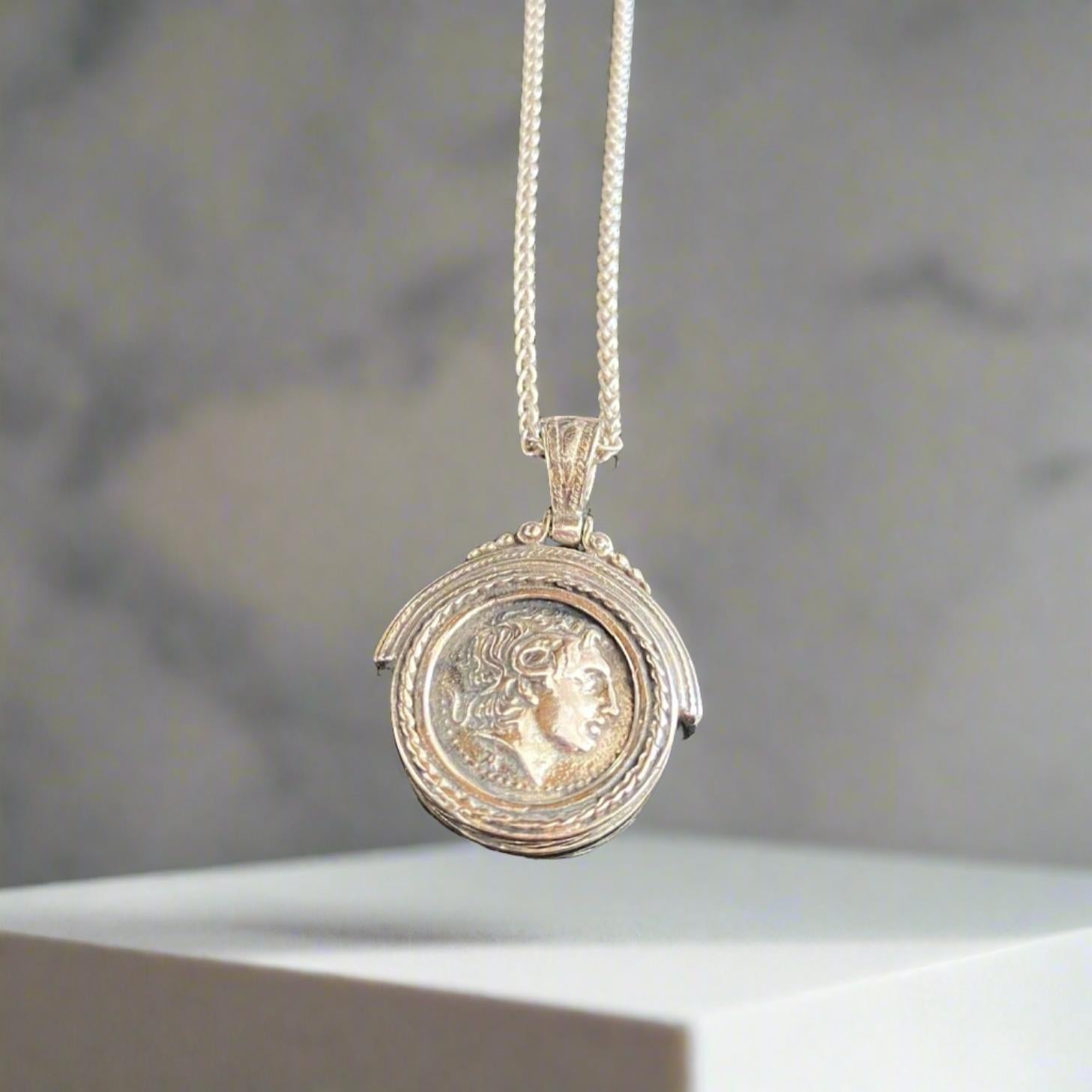 Sterling Silver Alexander Coin Pendant, Greek Drachma Jewelry (PE-99)