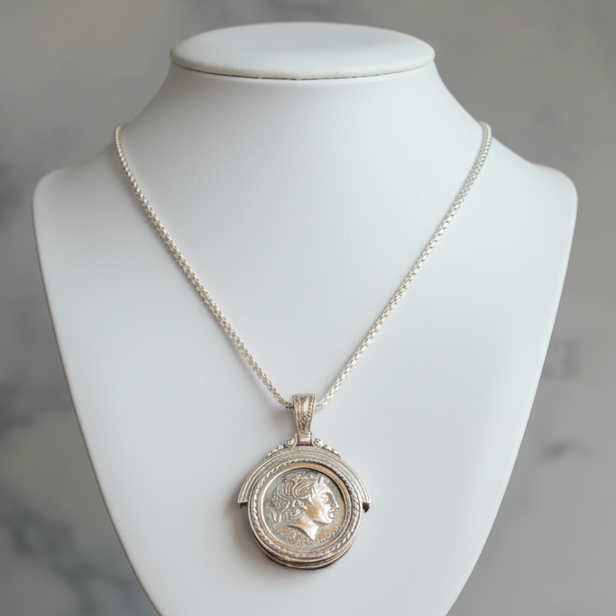 Sterling Silver Alexander Coin Pendant, Greek Drachma Jewelry (PE-99)