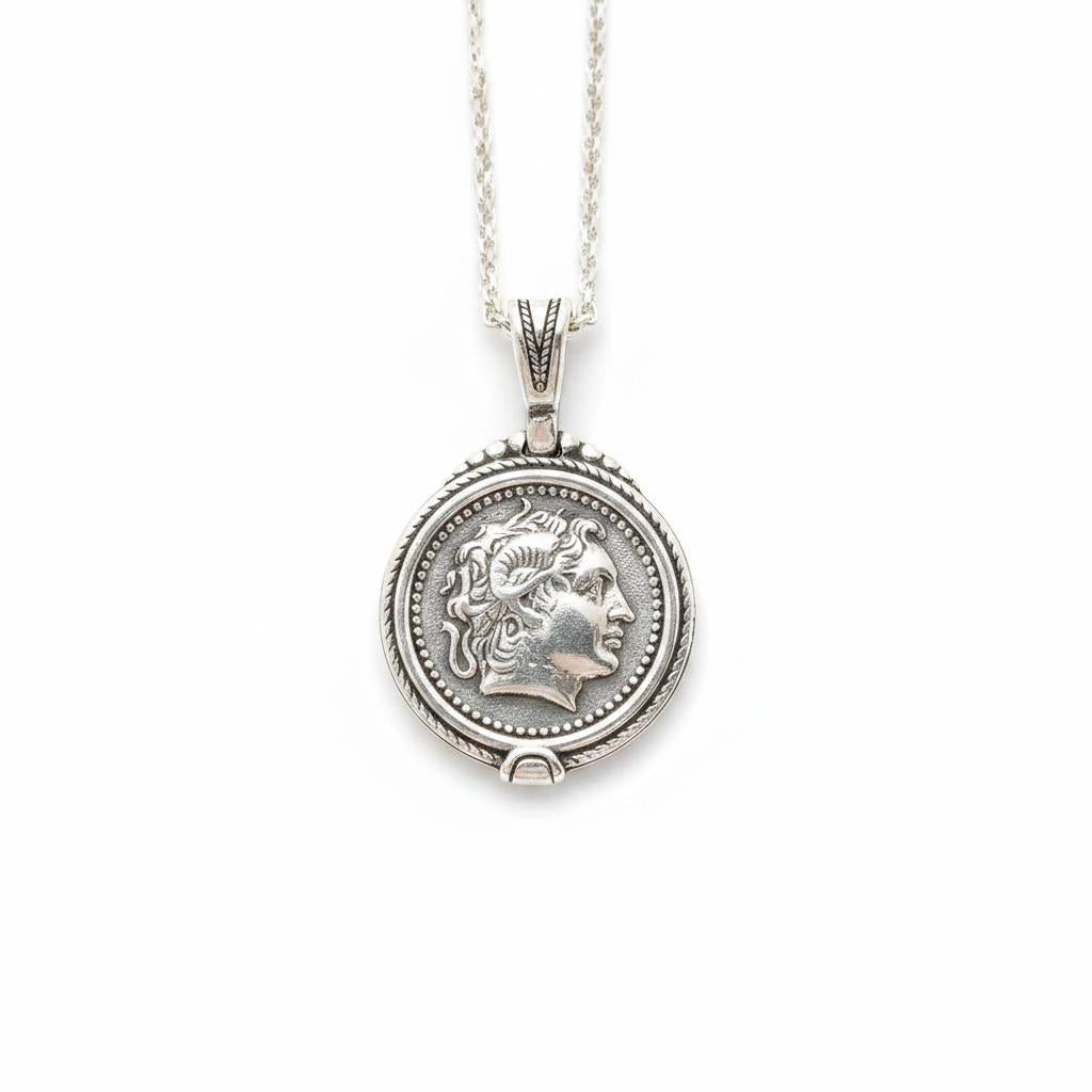 Sterling Silver Alexander the Coin Pendant, Greek Drachma Inspired Jewelry (PE-100)