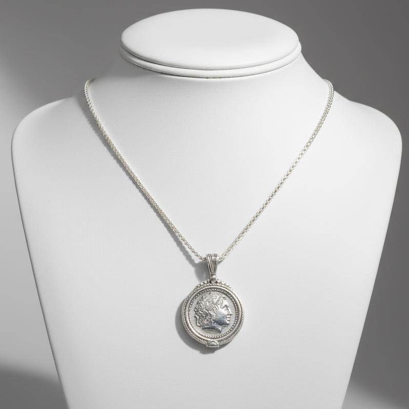 Sterling Silver Alexander the Coin Pendant, Greek Drachma Inspired Jewelry (PE-100)