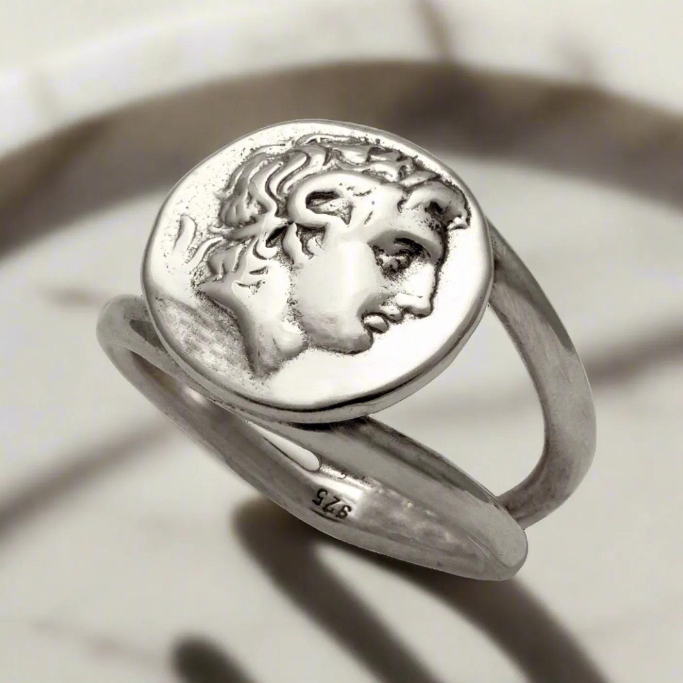 Sterling Silver Alexander the Coin Ring: Greek Jewelry, Handcrafted Macedonian Style (DT-105)