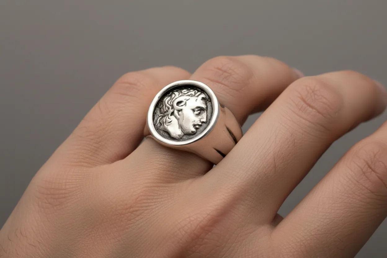 Sterling Silver Alexander the Great Portrait Coin Ring – Greek Inspired Jewelry (DT-103)