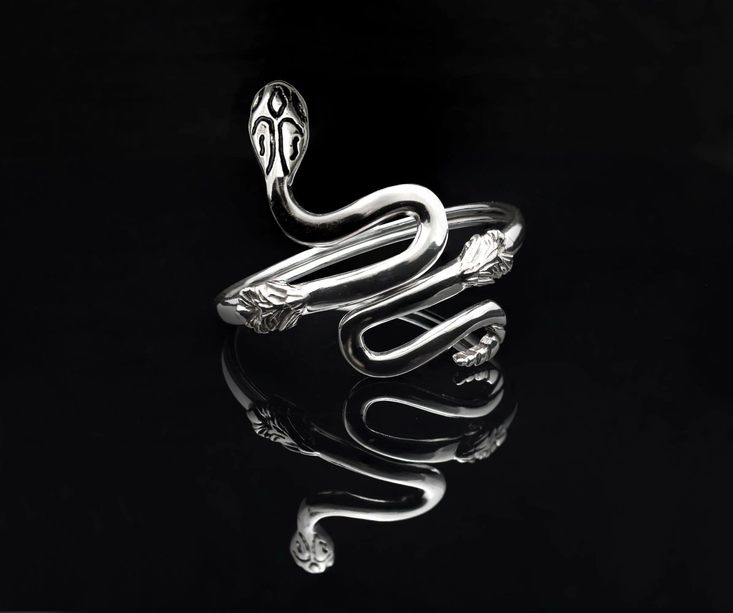Sterling Silver Coiled Snake Bangle, Minoan Greek Cuff Bracelet (B-53)