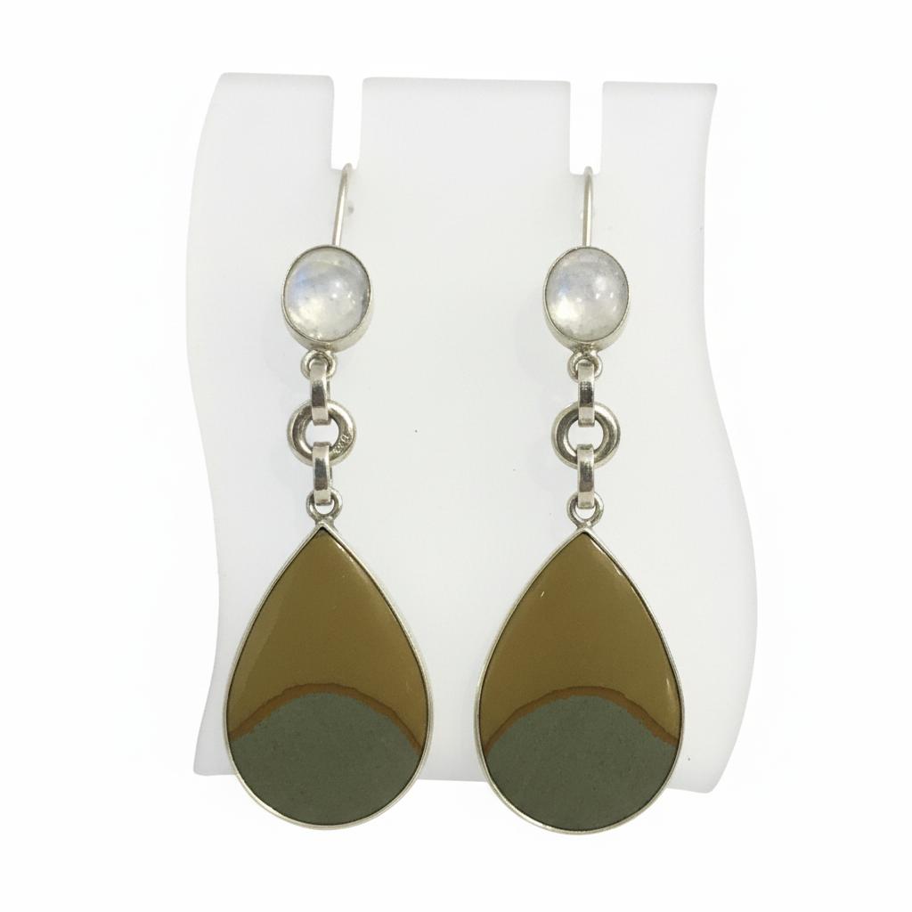 Sterling Silver Greek Earrings, Moonstone Jasper Gemstone Dangle Jewelry (DV AG-09)