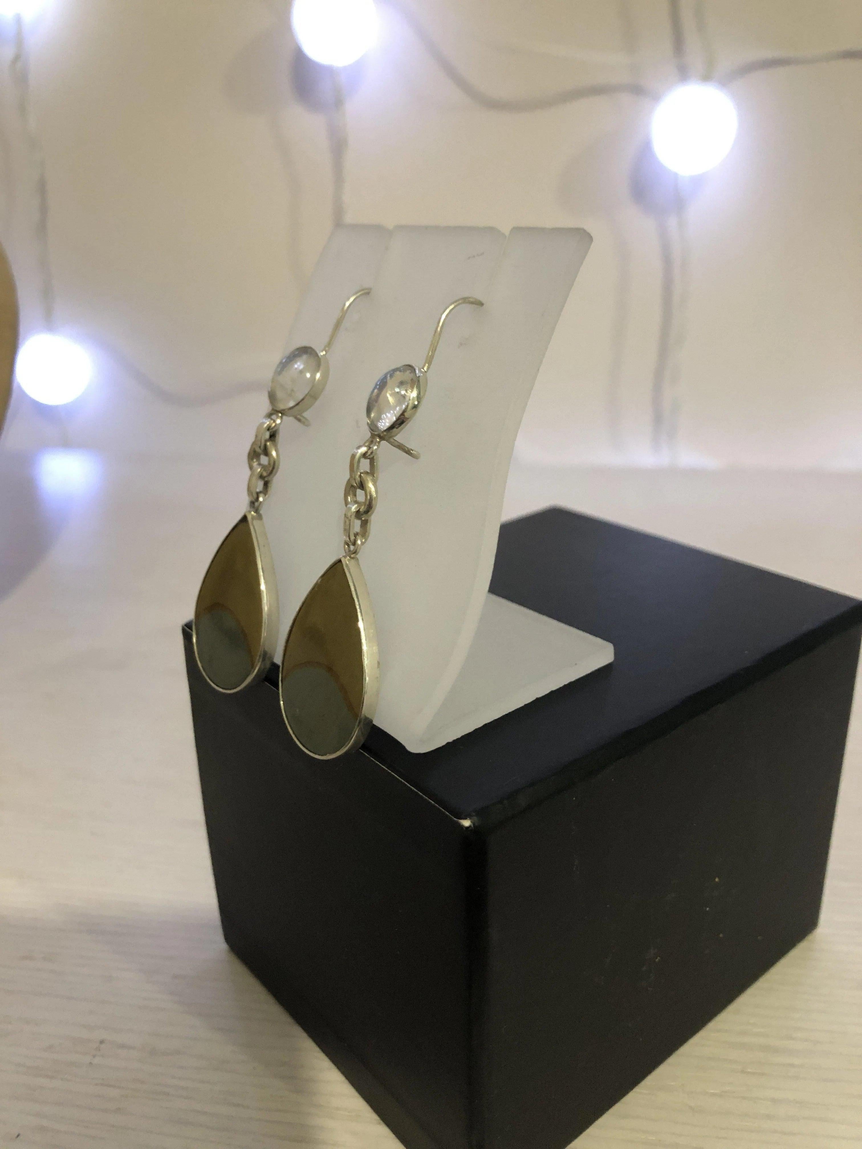 Sterling Silver Greek Earrings, Moonstone Jasper Gemstone Dangle Jewelry (DV AG-09)