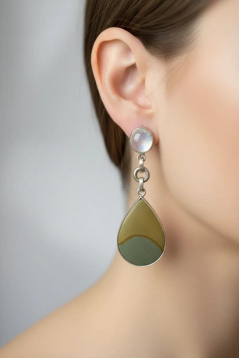 Sterling Silver Greek Earrings, Moonstone Jasper Gemstone Dangle Jewelry (DV AG-09)