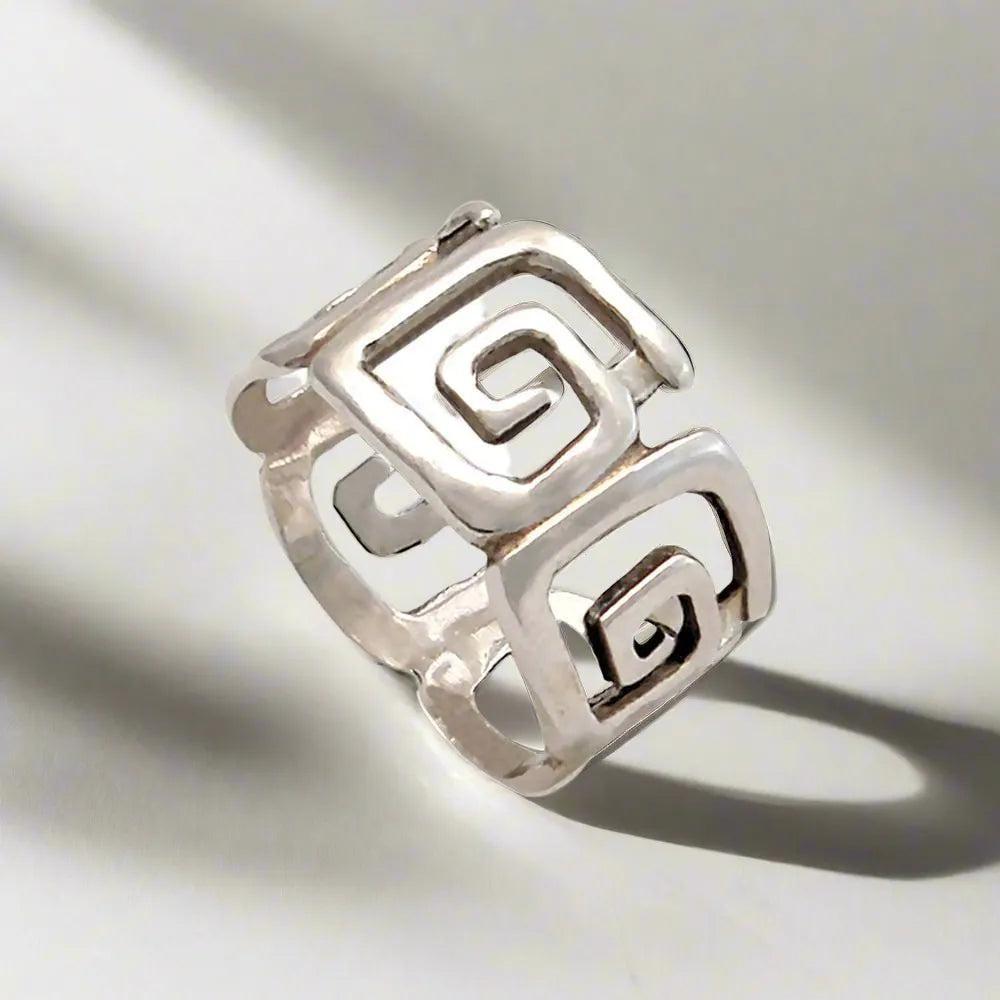 Sterling Silver Greek Key Meander Ring, Ancient Greece Inspired Handcrafted Jewelry (DT-62)