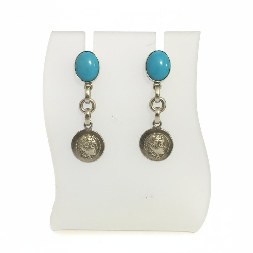 Sterling Silver Greek Style Earrings with Turquoise, Alexander Inspired Coin Charm (DV AG-11)