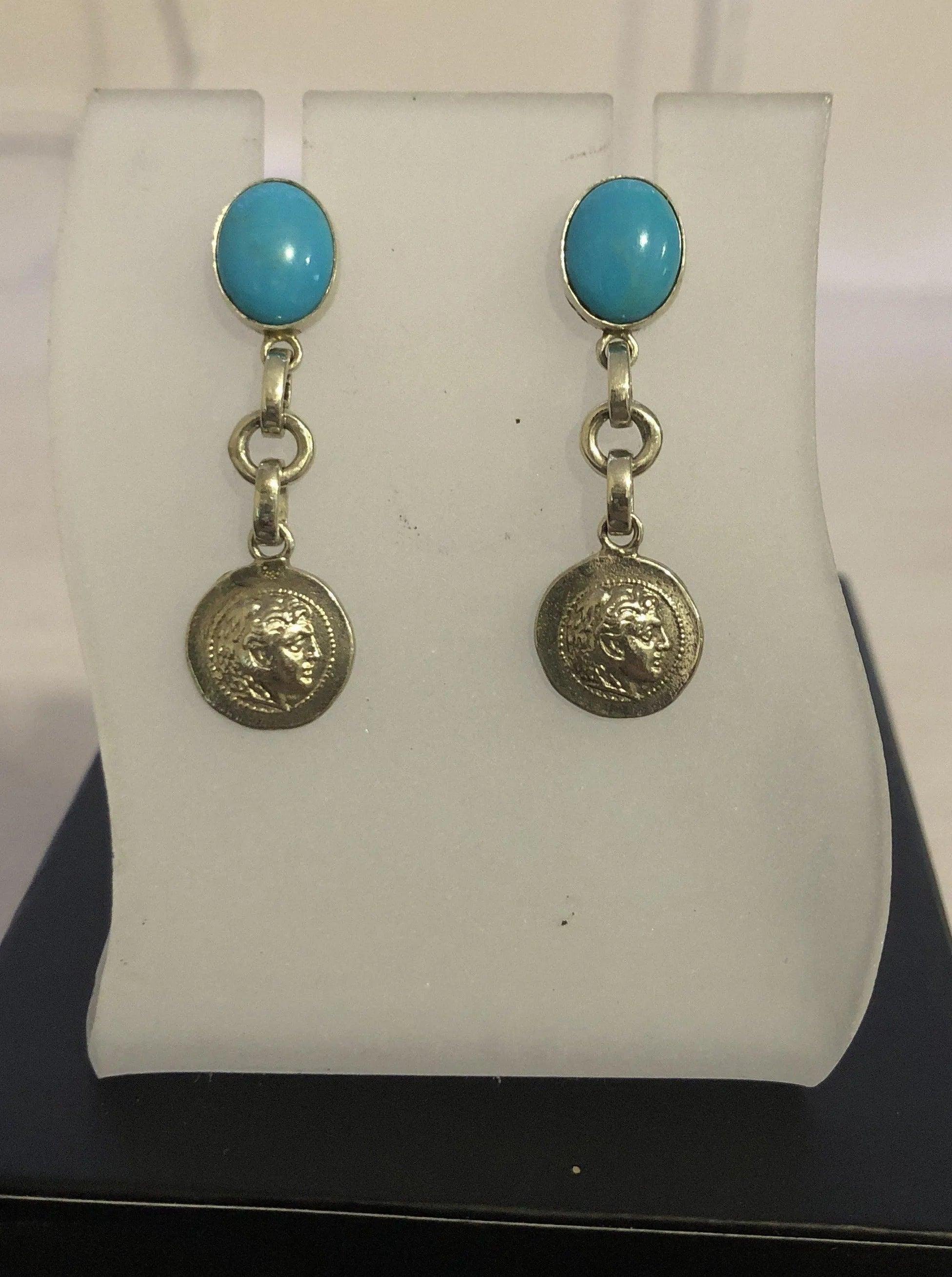 Sterling Silver Greek Style Earrings with Turquoise, Alexander Inspired Coin Charm (DV AG-11)