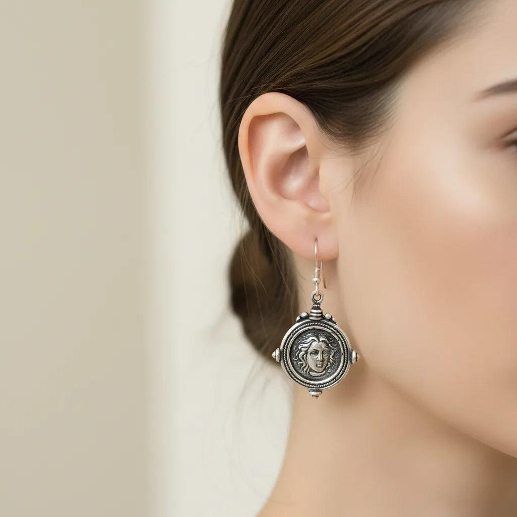 Sterling Silver Helios Sun God Coin Earrings, Ancient Greek Inspired Jewelry (AG-07)