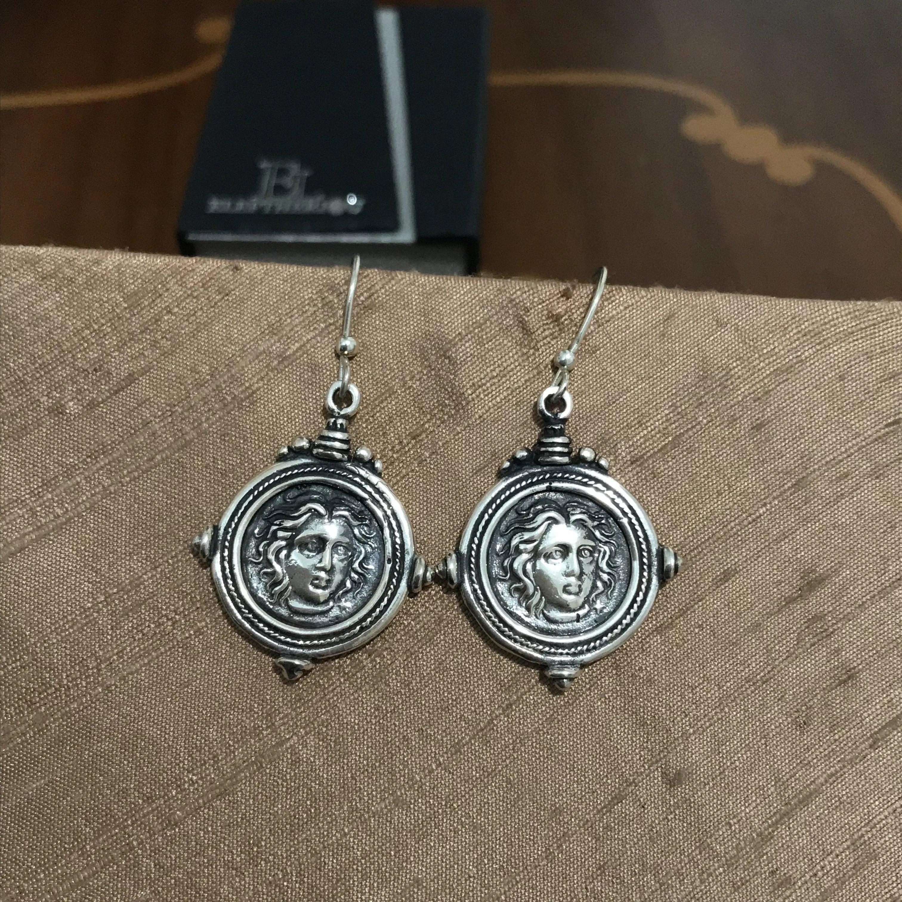 Sterling Silver Helios Sun God Coin Earrings, Ancient Greek Inspired Jewelry (AG-07)