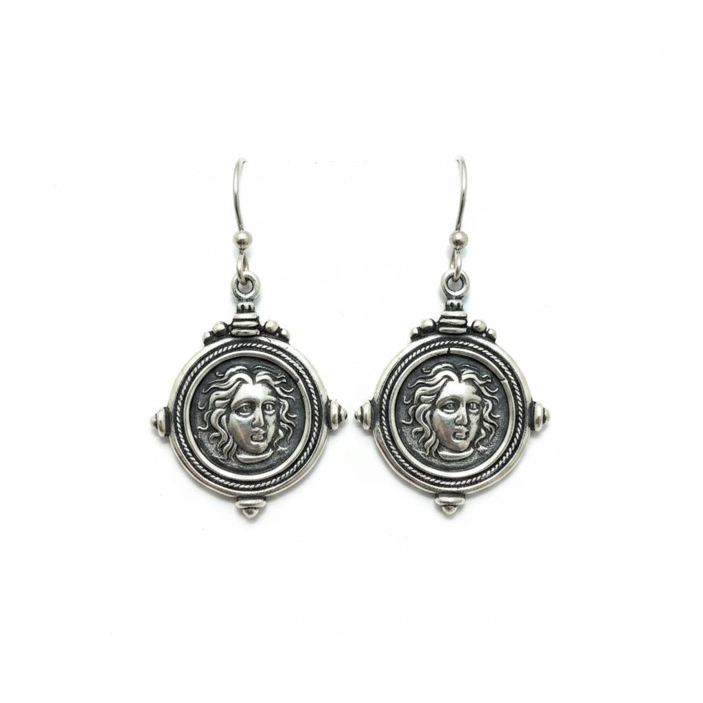 Sterling Silver Helios Sun God Coin Earrings, Ancient Greek Inspired Jewelry (AG-07)