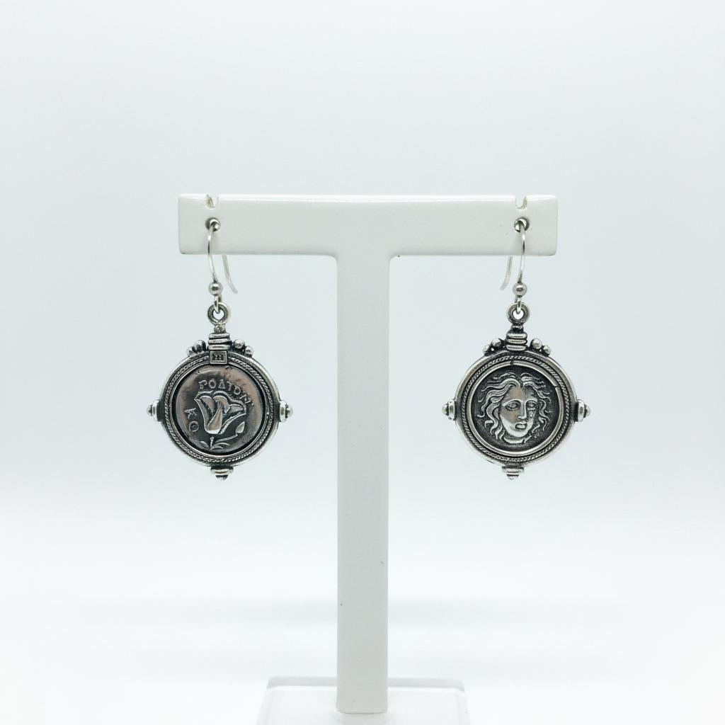 Sterling Silver Helios Sun God Coin Earrings, Ancient Greek Inspired Jewelry (AG-07)