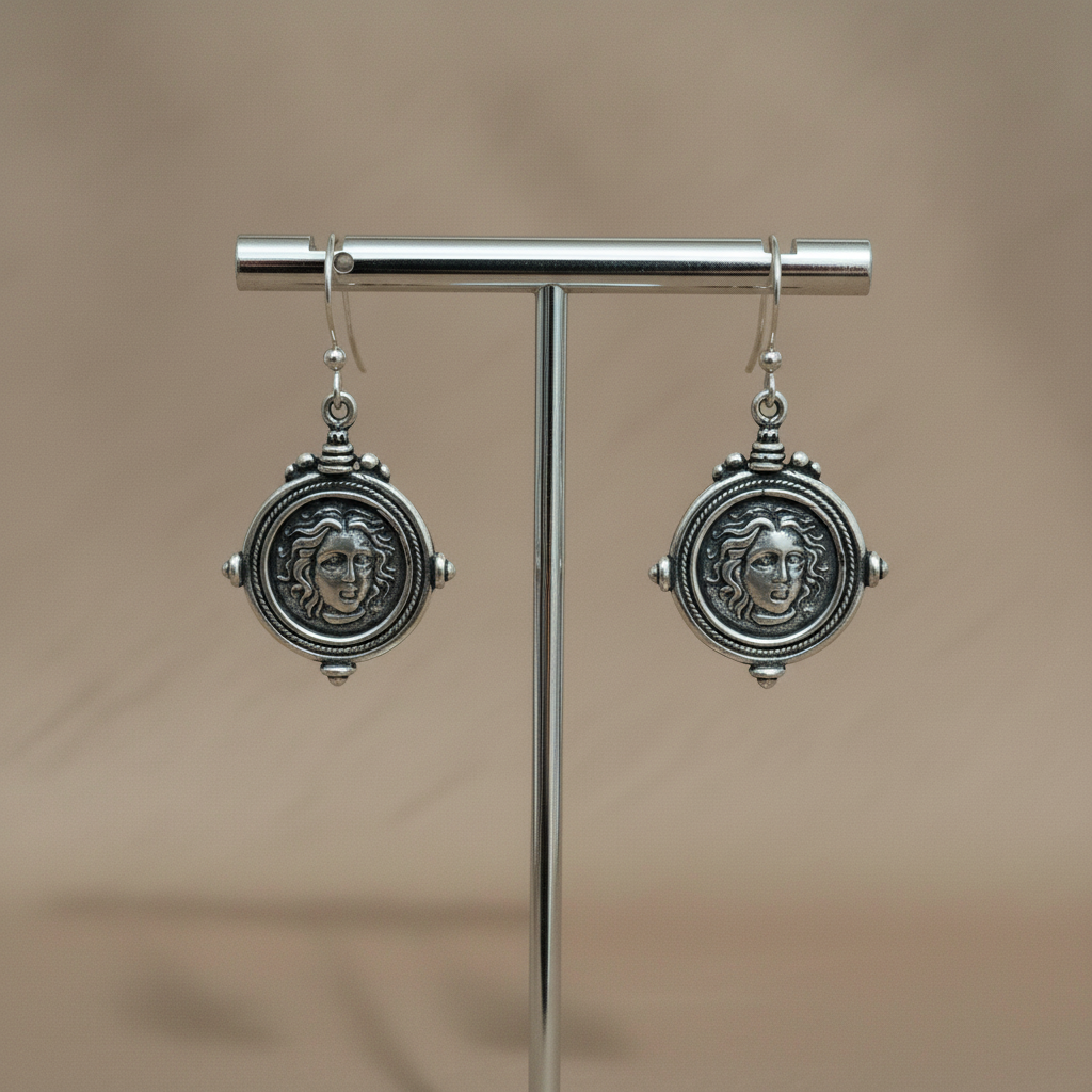 Sterling Silver Helios Sun God Coin Earrings, Ancient Greek Inspired Jewelry (AG-07)