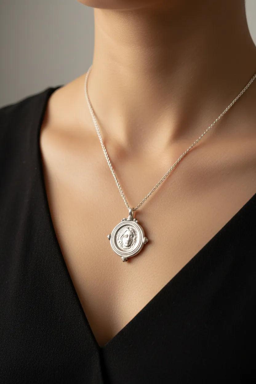 Sterling Silver Helios Sun God Coin Pendant, Ancient Greek Inspired Jewelry (PE-90)