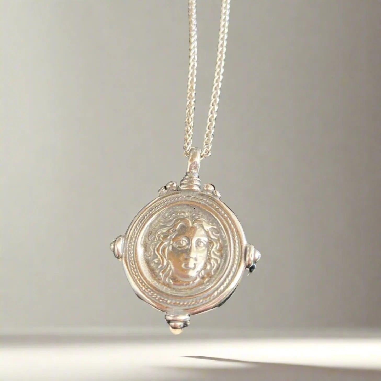 Sterling Silver Helios Sun God Coin Pendant, Ancient Greek Inspired Jewelry (PE-90)