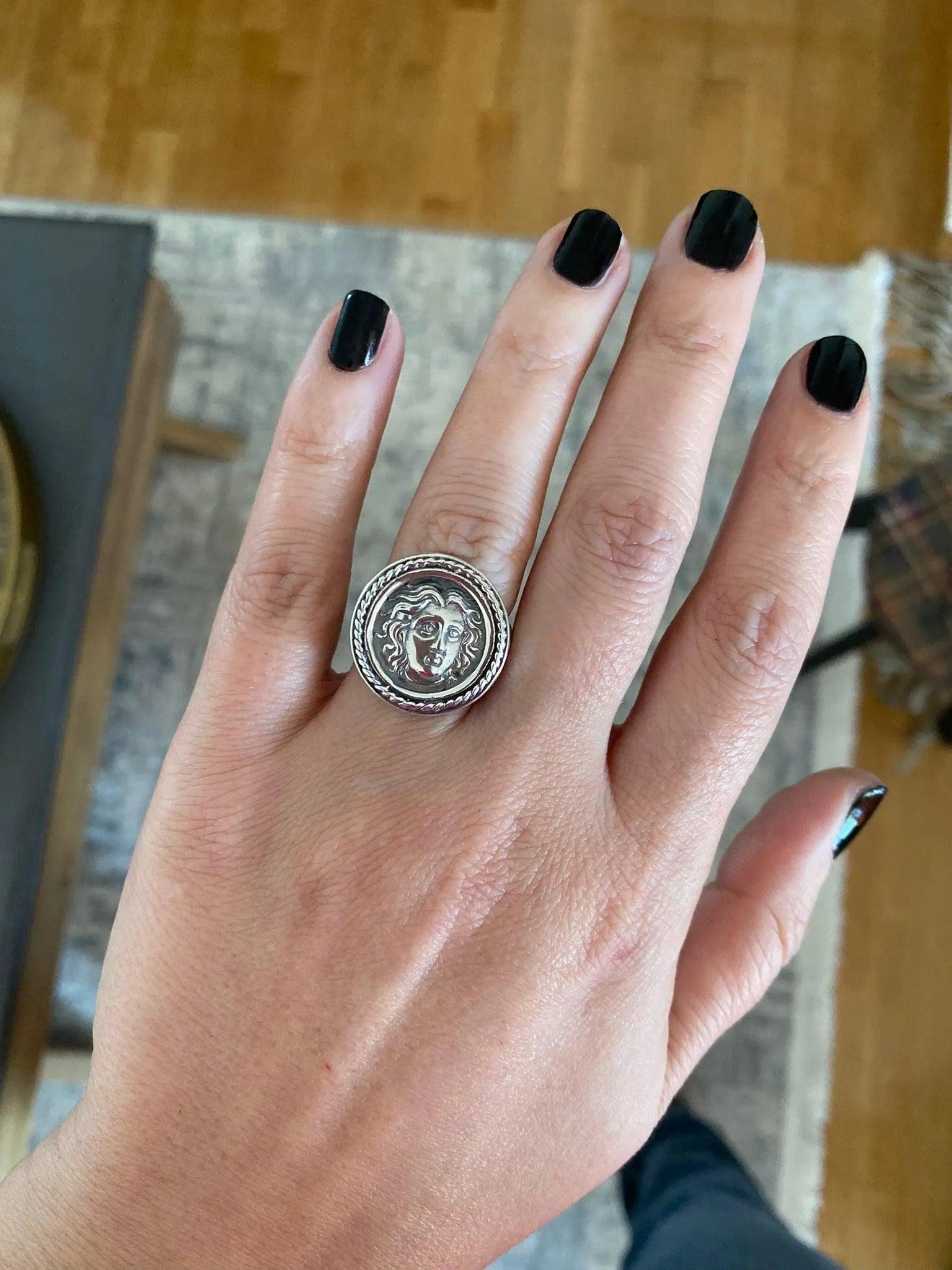 Sterling Silver Helios Sun God Coin Ring, Ancient Greek Inspired Jewelry (DT-104)