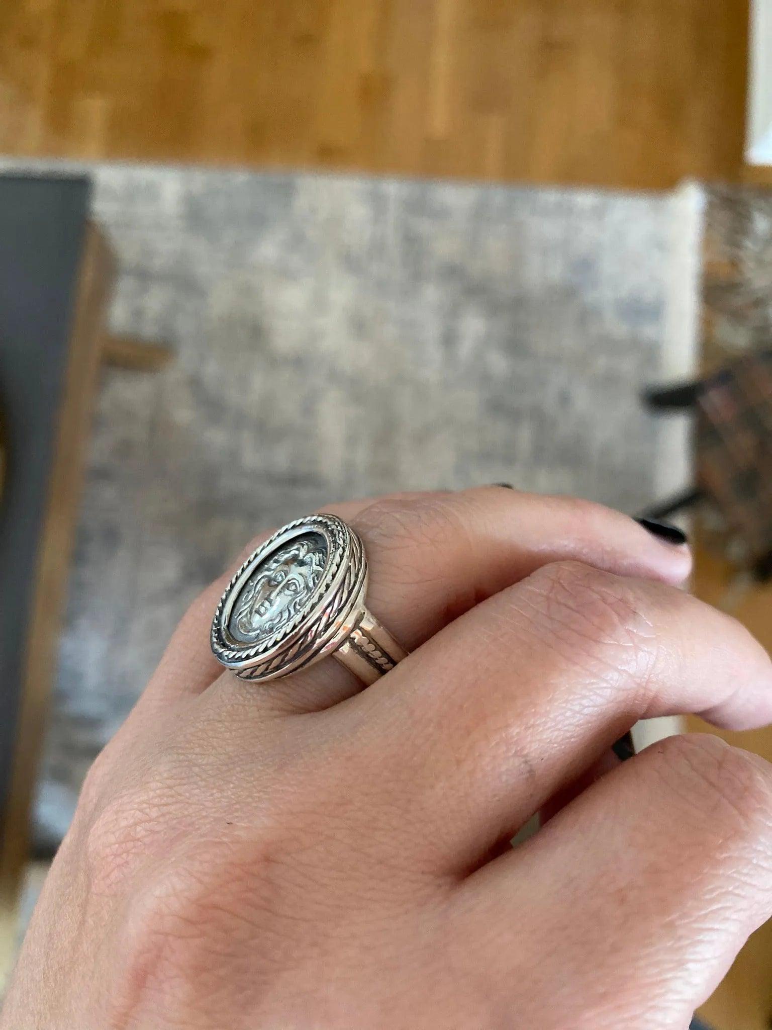 Sterling Silver Helios Sun God Coin Ring, Ancient Greek Inspired Jewelry (DT-104)