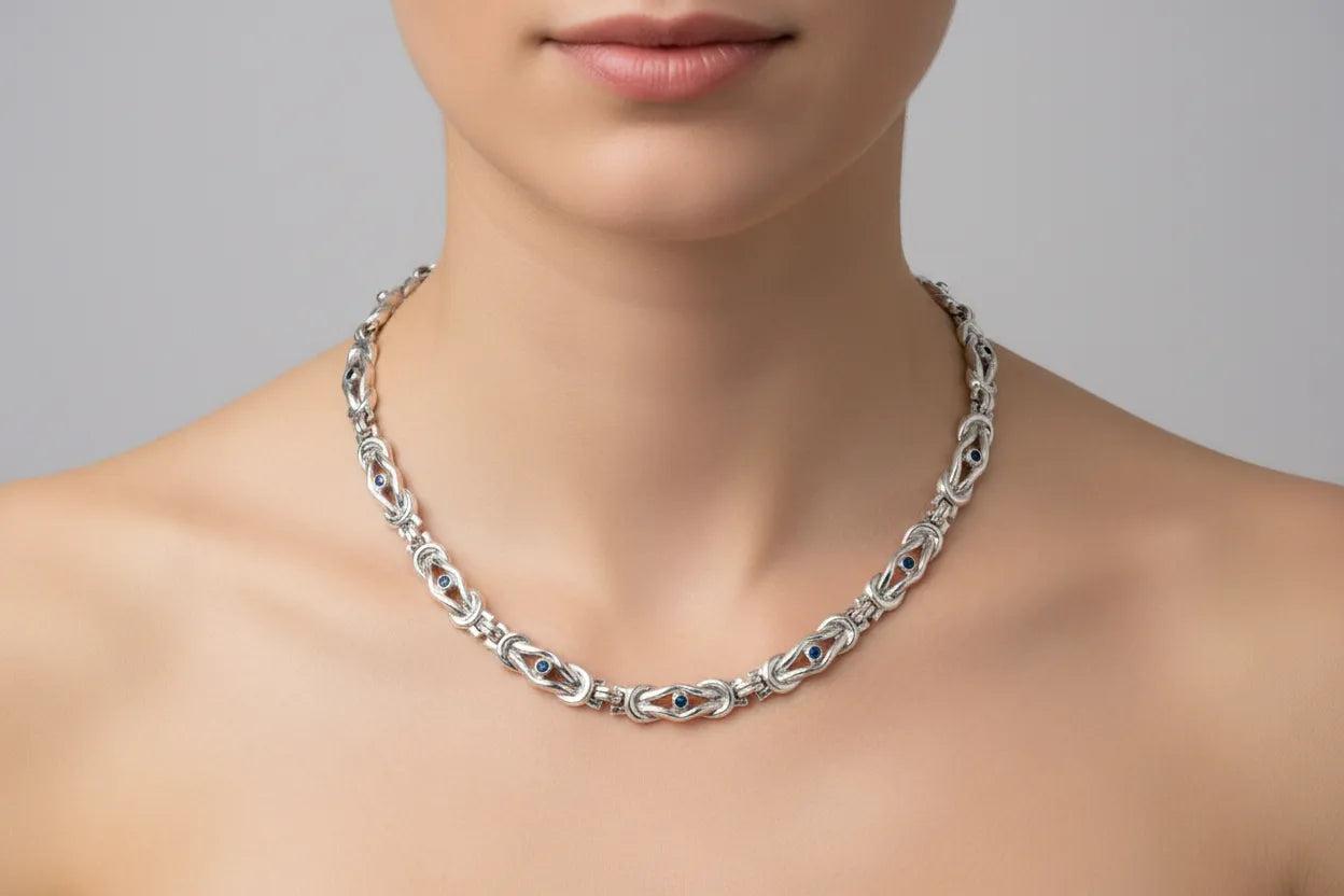 Sterling Silver Hercules Knot Necklace, Greek Handmade Zircon Jewelry (PE-27)
