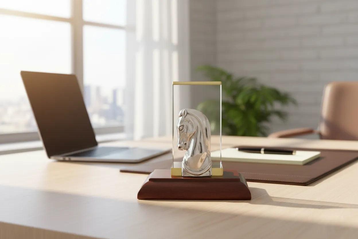 Sterling Silver Horse Head Business Card Holder, Wooden Base, Greek Made (A-25-15)