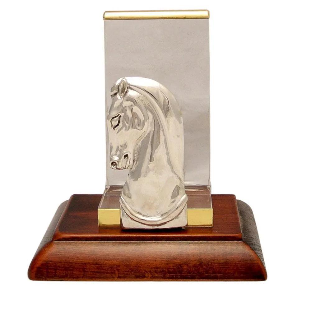 Sterling Silver Horse Head Business Card Holder, Wooden Base, Greek Made (A-25-15)