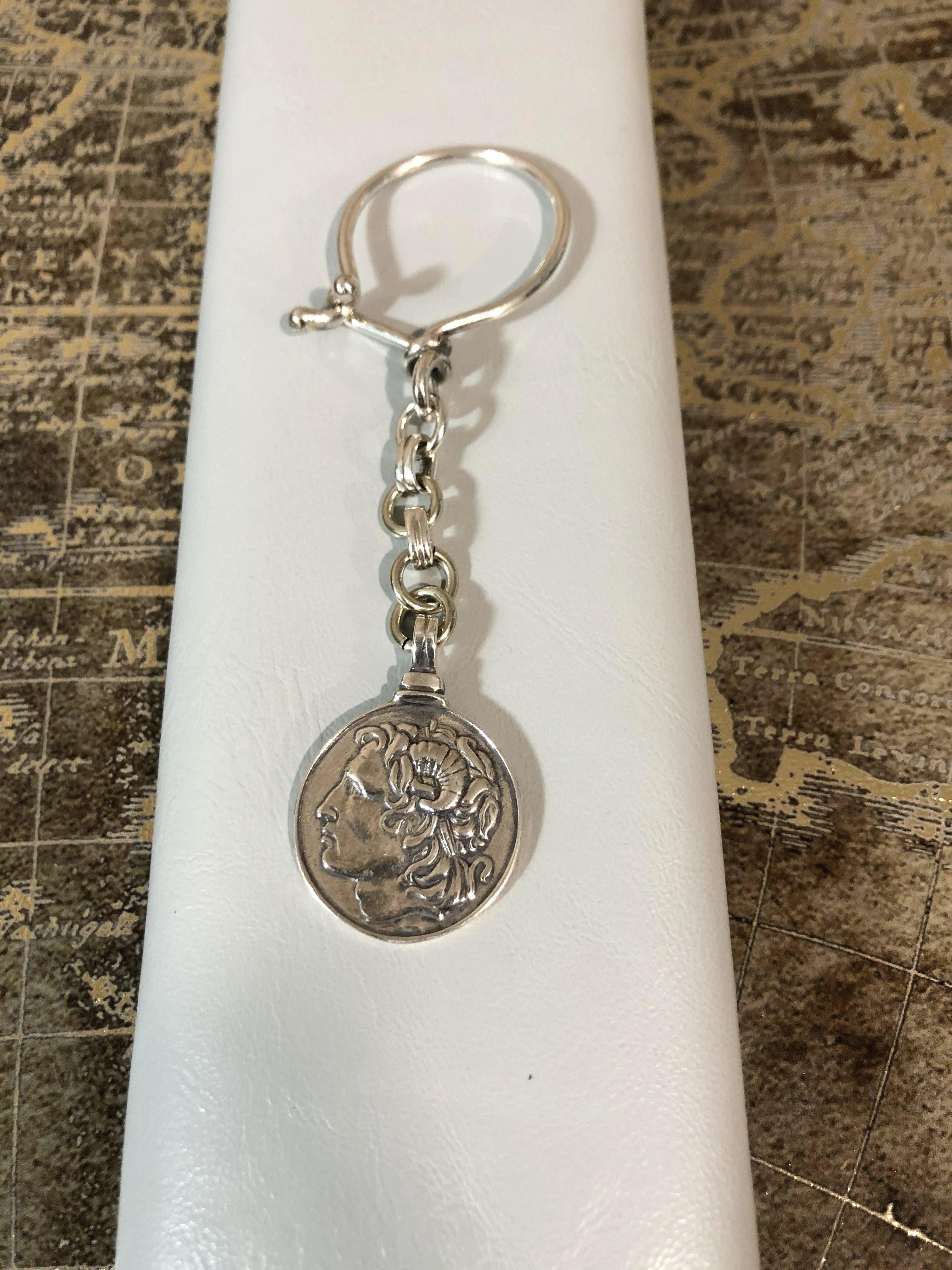 Sterling Silver Lysimachus Alexander the Keychain, Greek Macedonian Motif, Handmade Key Ring (MP-03)