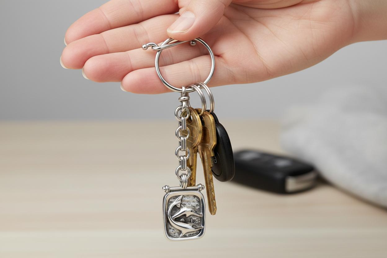 Sterling Silver Minoan Dolphins Keyring, Greek Handmade Keychain (MP-12)