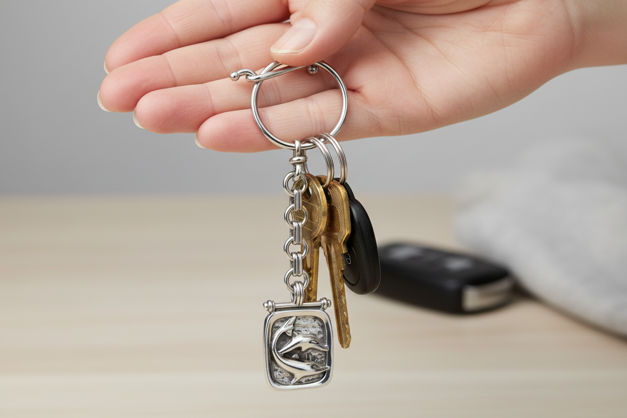 Sterling Silver Minoan Dolphins Keyring, Greek Handmade Keychain (MP-12)