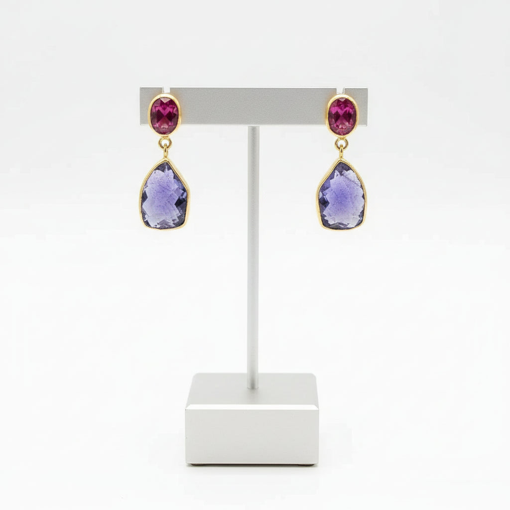 Tanzanite funcy cut and pink tourmaline 18k earrings, one of a kind, Fine earrings, handmade earrings, Greek jewelry