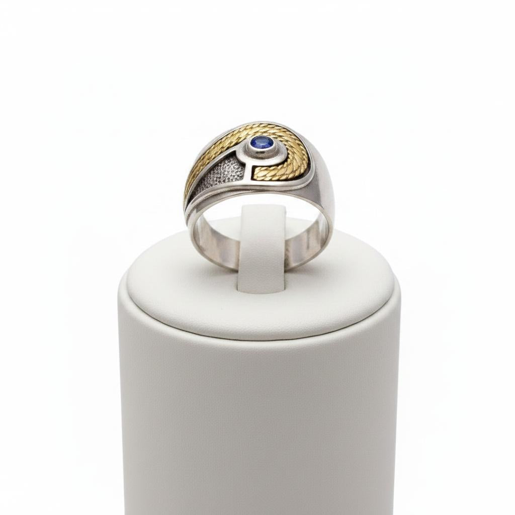 Three Line Rope Ring in Sterling Silver with a Blue Zircon and Gold 14k (DX-35)