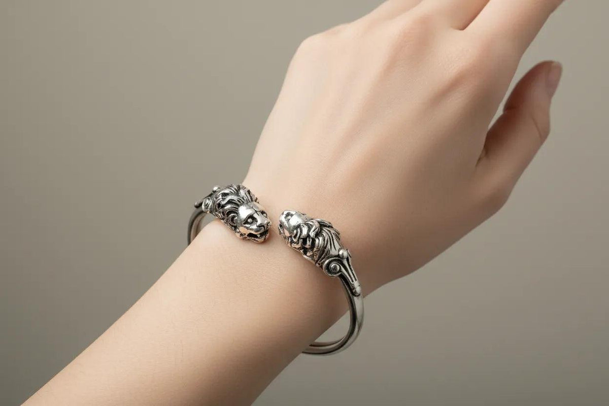 Two Headed Lion Sterling Silver Bangle, Ancient Greek Style Jewelry