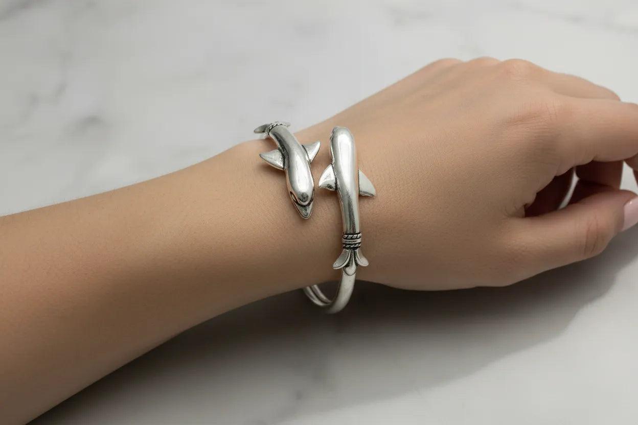 Two Headed Minoan Dolphins Torc Bangle in Sterling Silver (B-81)