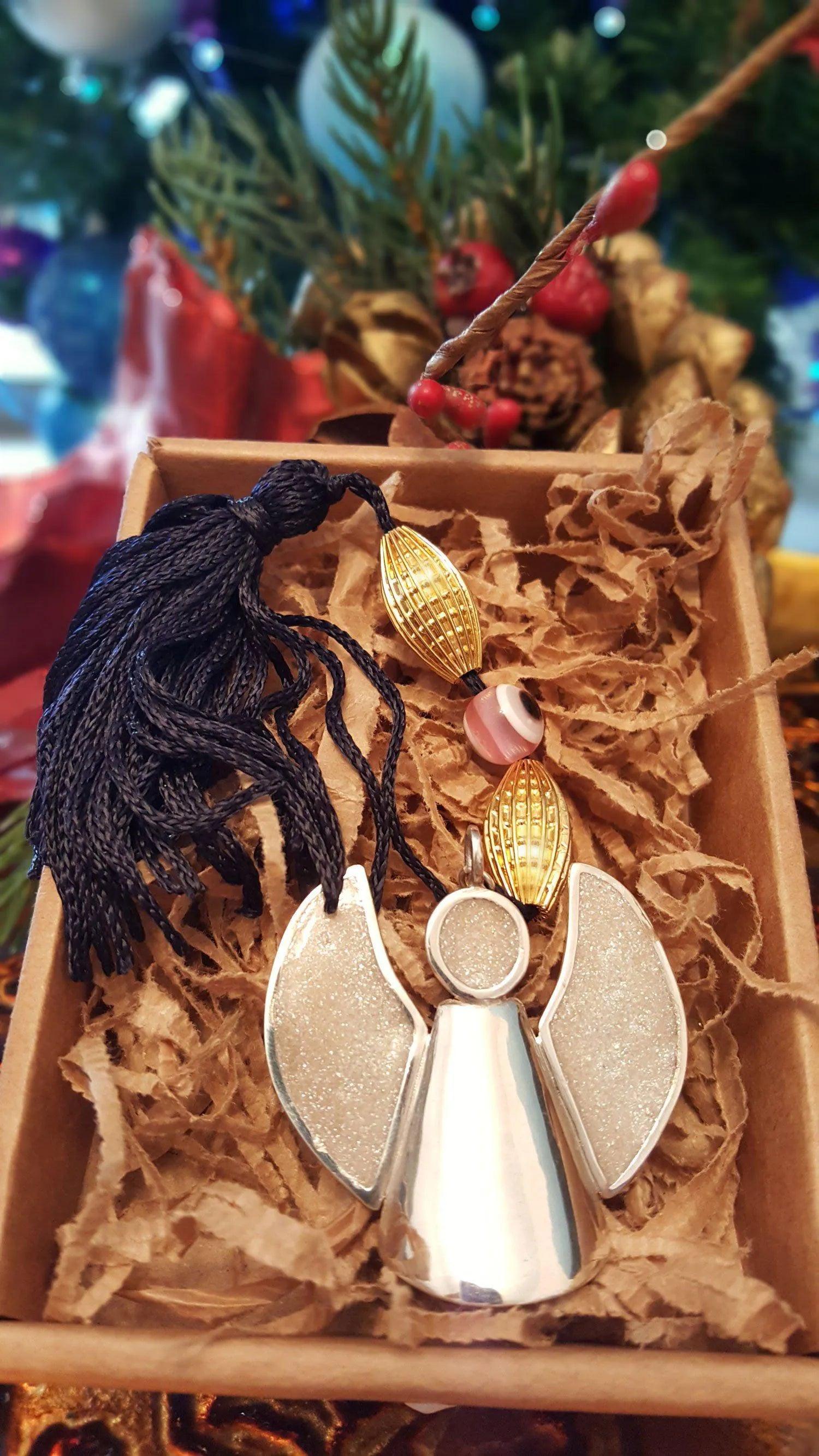 Evil Eye Charm on a tassel, House decoration, holiday decor, welcome gift, silver charm, Angel Charm (GK-10)