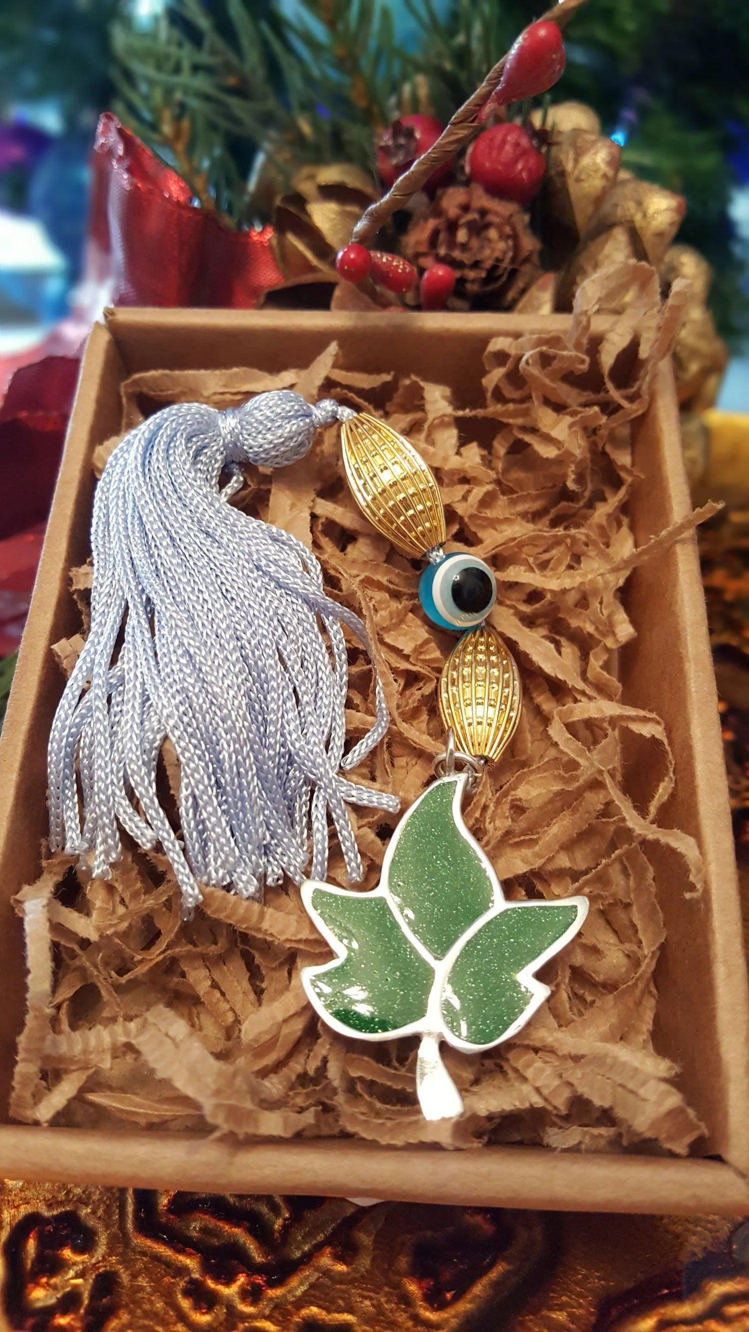 Evil Eye Charm on a tassel, House decoration, holiday decor, welcome gift, silver charm, Clover Charm (GK-31)