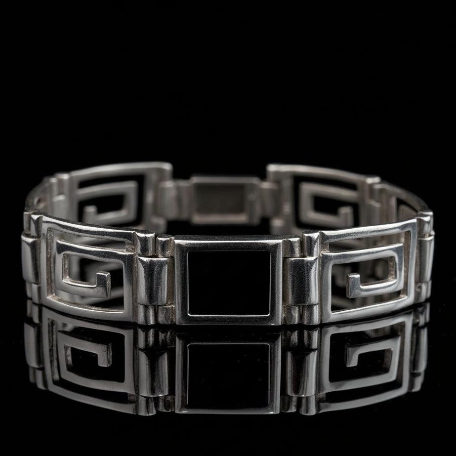 Greek Key Meander Bracelet in Sterling Silver with onyx (B-94)