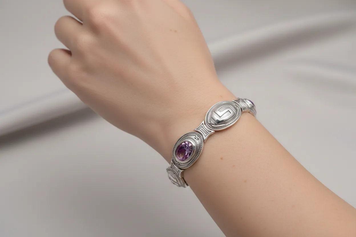 Greek Key Meander Bracelet in Sterling Silver with zircon (B-55)