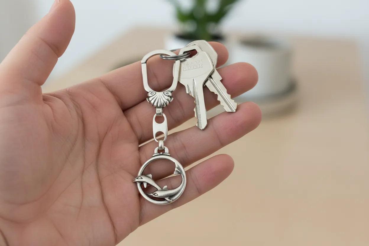 Minoan Dolphins Key ring in sterling silver, silver keychain, men's gift, handmade keychain (MP-08)