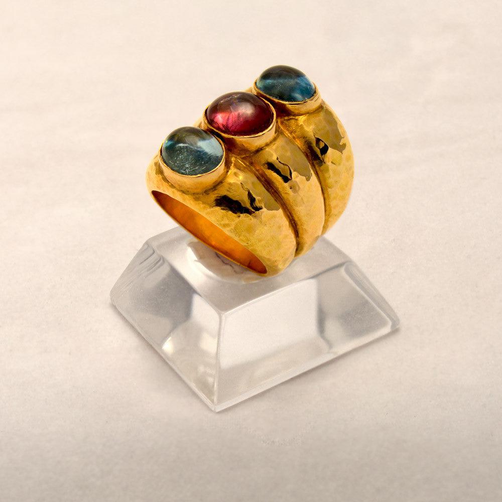 Ring in 18k Gold with red tourmaline & aqua marina (B-96)