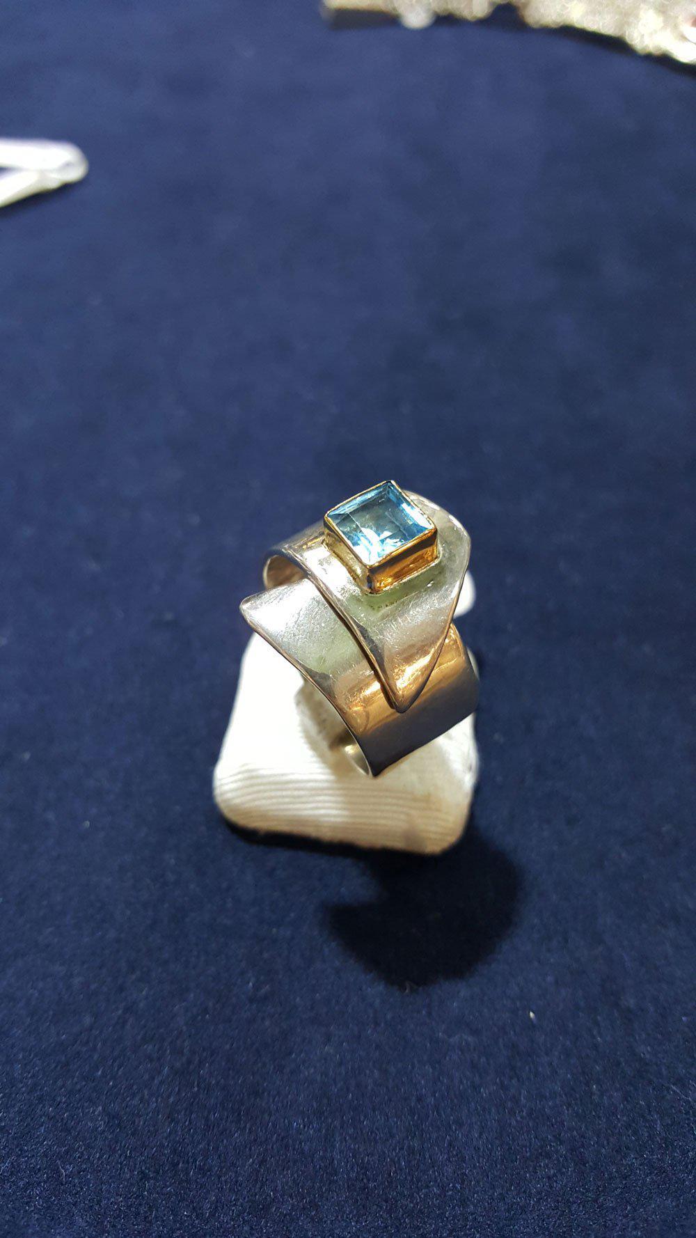Sterling Silver Ring and Blue Topaz in 18 k. gold, Handmade Ring, Greek Jewelry, modern Ring, Handmade Ring, Greek Jewelry