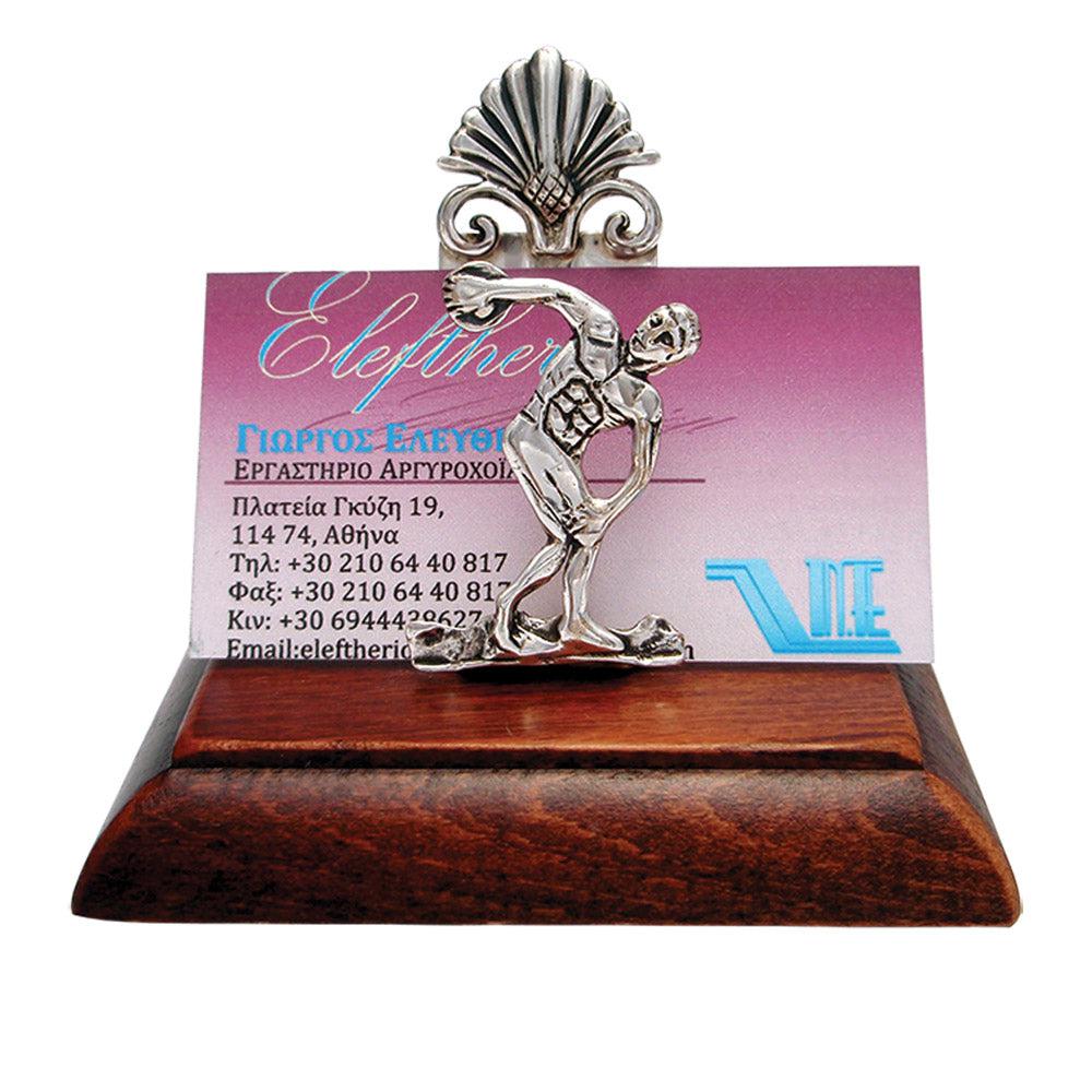 Greek Olympic Disk Thrower Desk business card holder display in sterling silver (A-25-9)