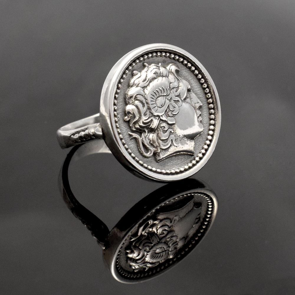 Alexander the Great Portrait Coin Ring in Sterling Silver, Ancient Coin Ring (DT-109)