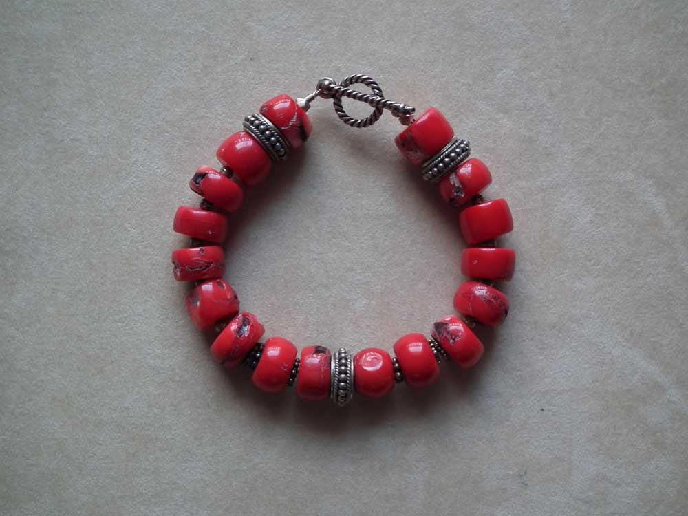 Bracelet with Coral Stones and Silver Elements (C-05)