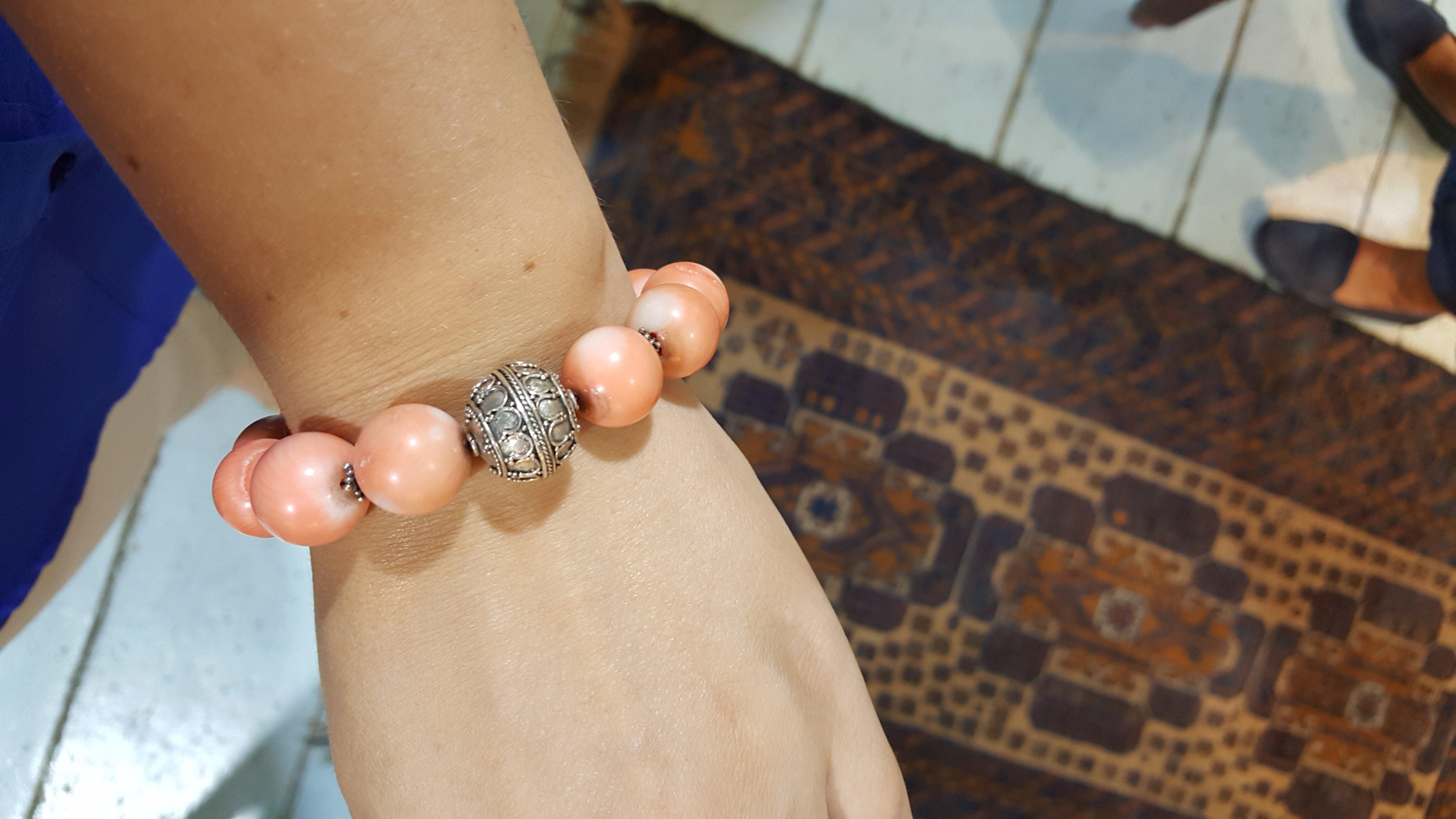 Bracelet with Pink Coral Stones (Angel Skin) and Silver Elements (C-04)